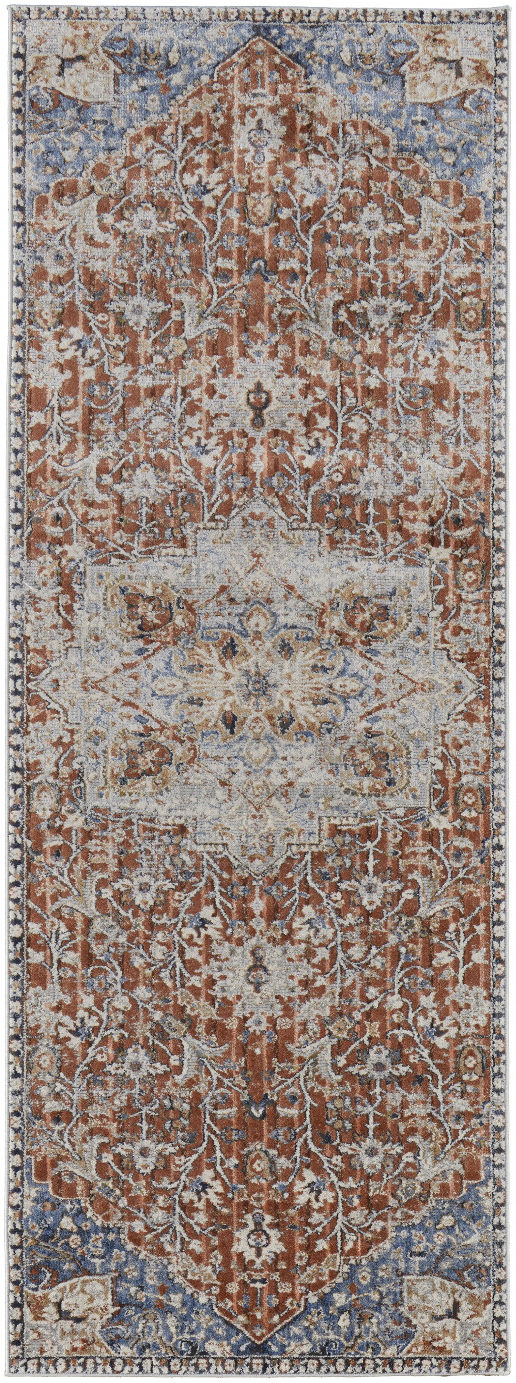 10' Orange Ivory And Blue Floral Power Loom Runner Rug With Fringe