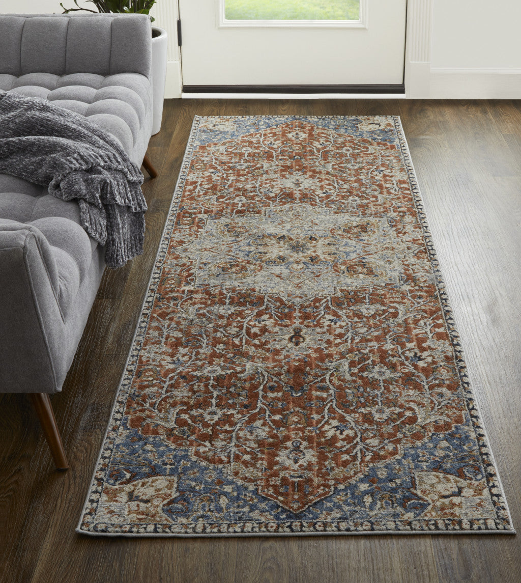 10' Orange Ivory And Blue Floral Power Loom Runner Rug With Fringe