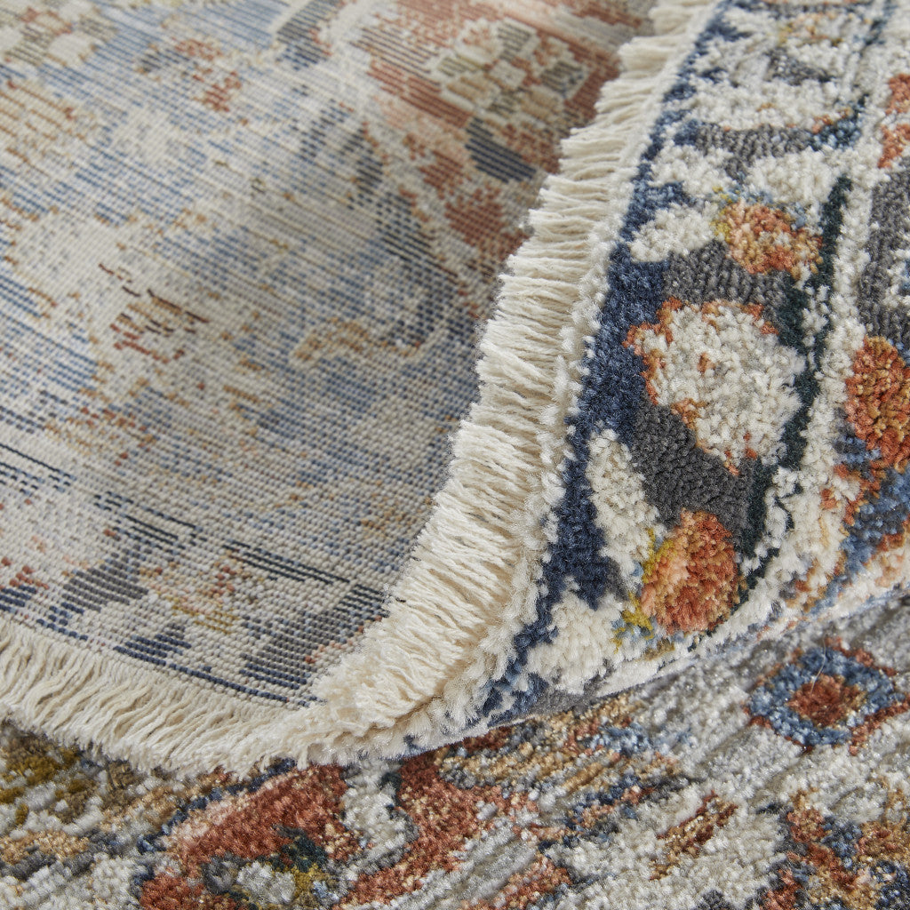 10' Orange Ivory And Blue Floral Power Loom Runner Rug With Fringe