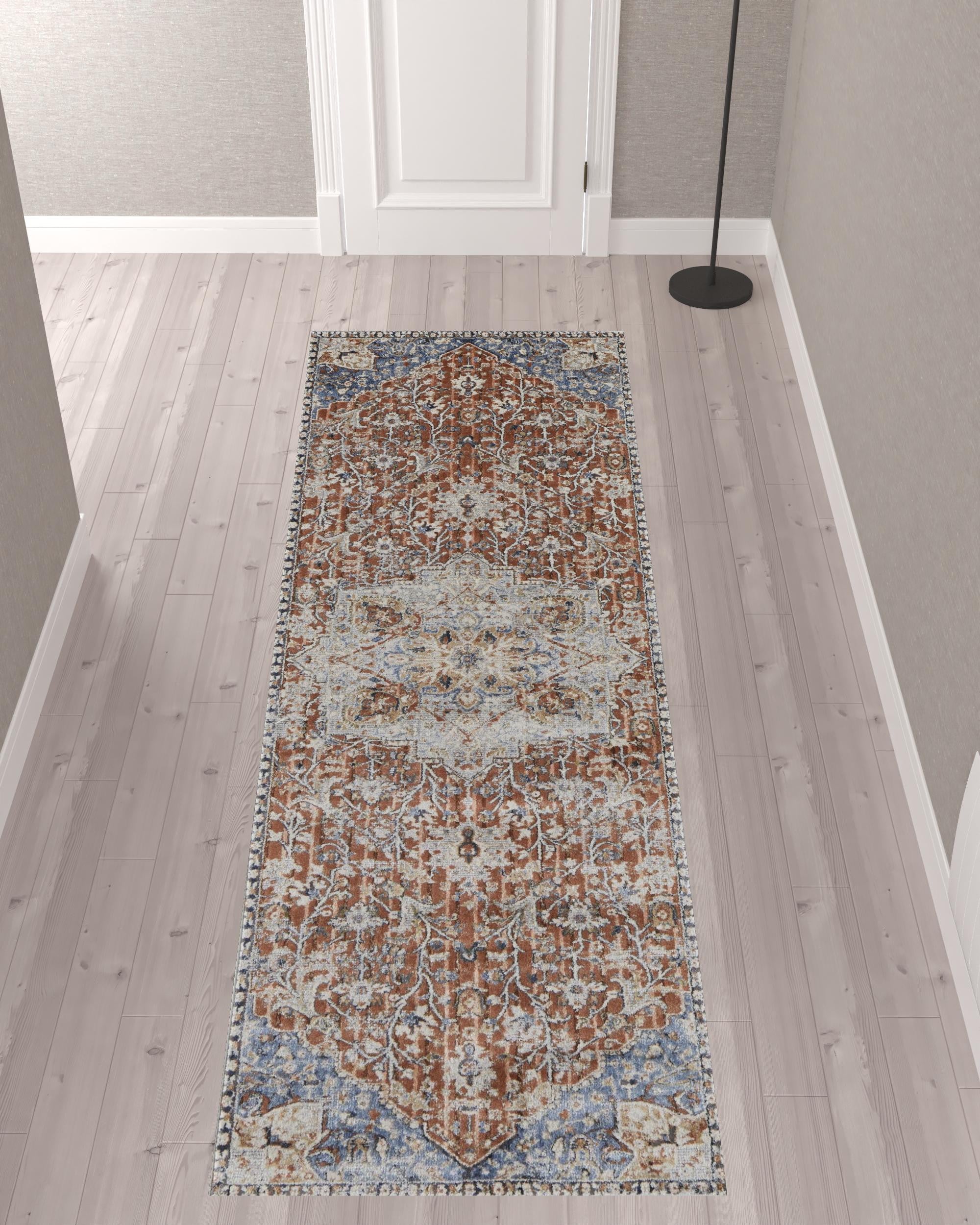 10' Orange Ivory And Blue Floral Power Loom Runner Rug With Fringe