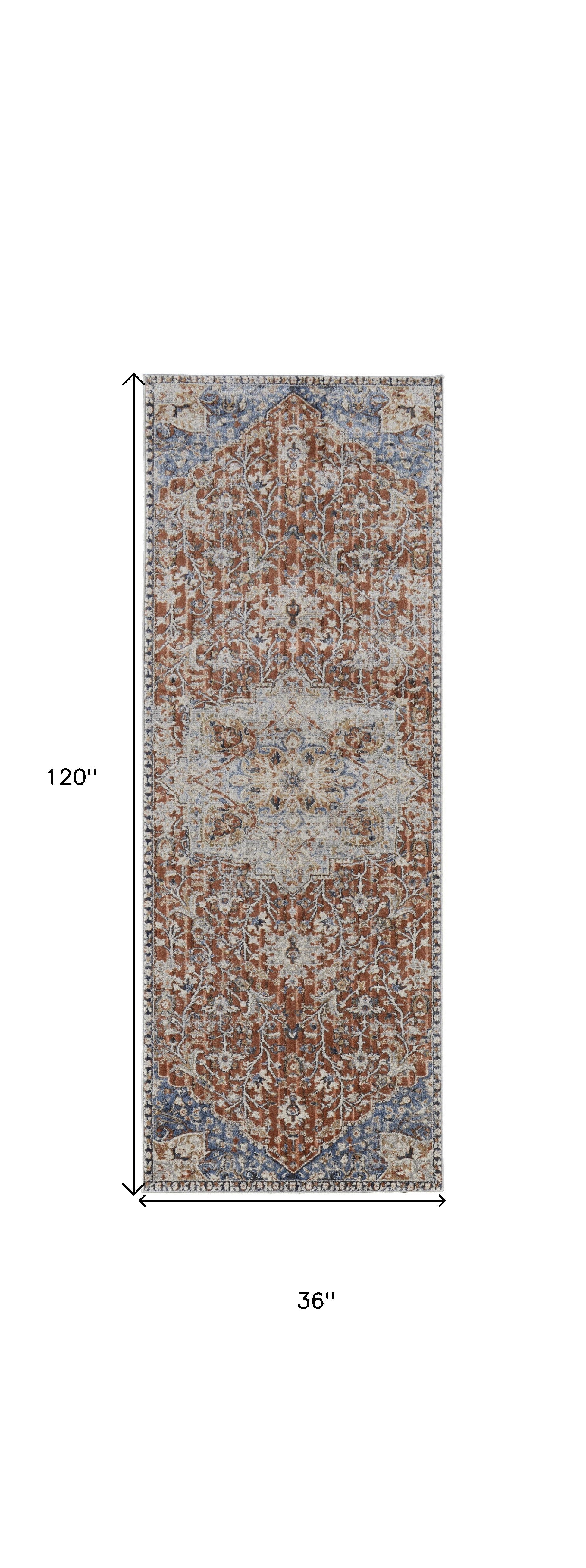 10' Orange Ivory And Blue Floral Power Loom Runner Rug With Fringe