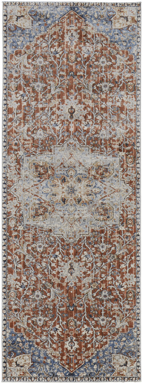 12' Orange Ivory And Blue Floral Power Loom Runner Rug With Fringe