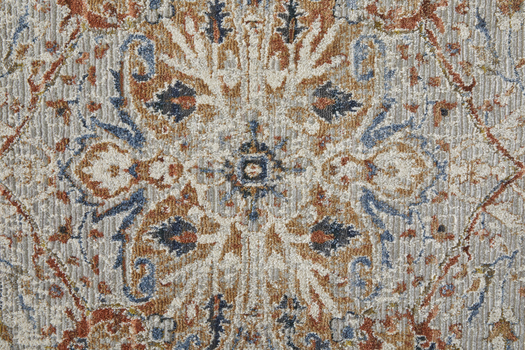 12' Orange Ivory And Blue Floral Power Loom Runner Rug With Fringe