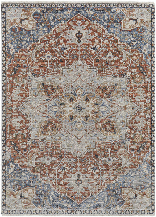 12' X 15' Orange Ivory And Blue Floral Power Loom Area Rug With Fringe