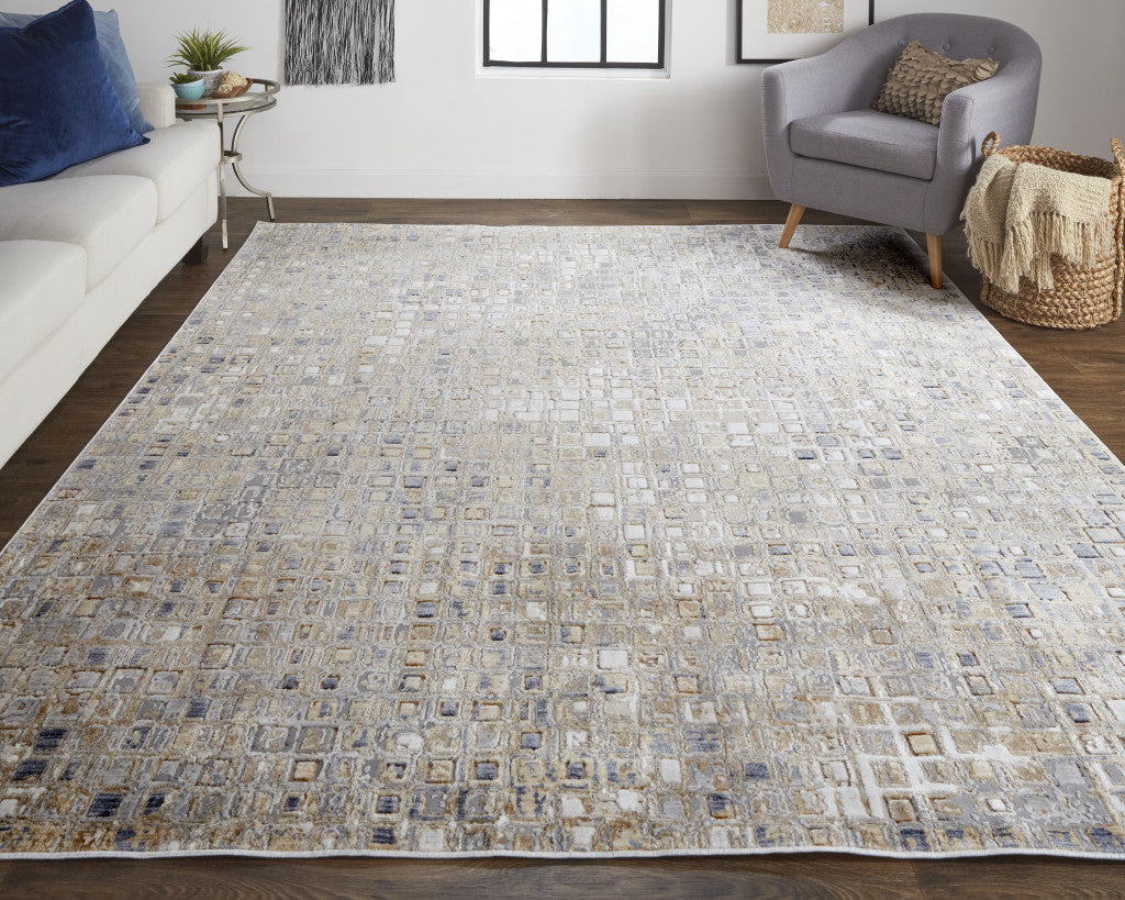 4' X 6' Tan Ivory And Blue Geometric Power Loom Distressed Area Rug