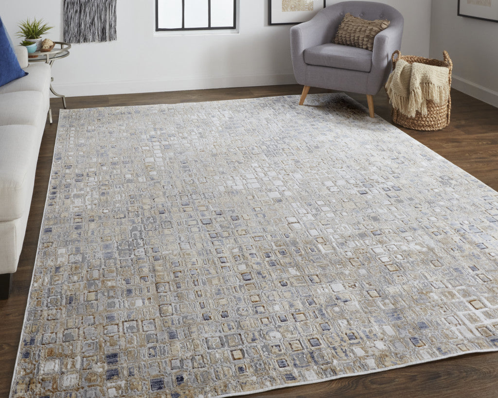 4' X 6' Tan Ivory And Blue Geometric Power Loom Distressed Area Rug