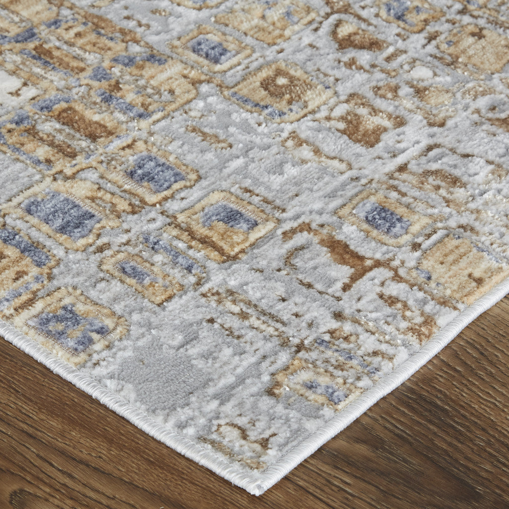 4' X 6' Tan Ivory And Blue Geometric Power Loom Distressed Area Rug