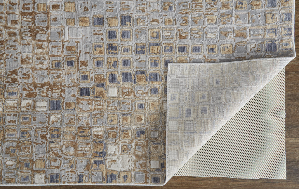 4' X 6' Tan Ivory And Blue Geometric Power Loom Distressed Area Rug