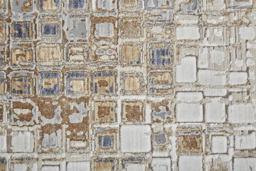 4' X 6' Tan Ivory And Blue Geometric Power Loom Distressed Area Rug