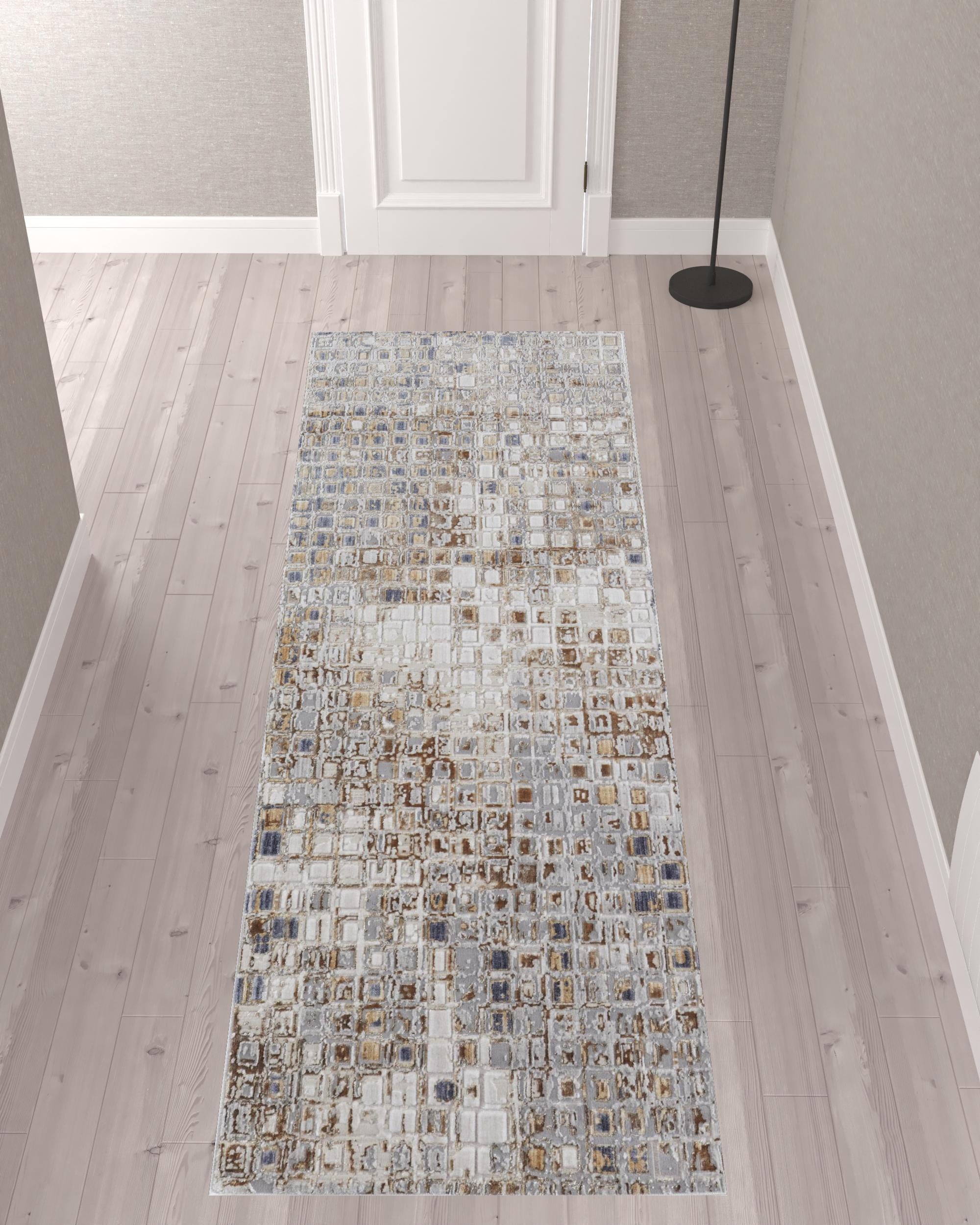 10' Tan Ivory And Blue Geometric Power Loom Distressed Runner Rug