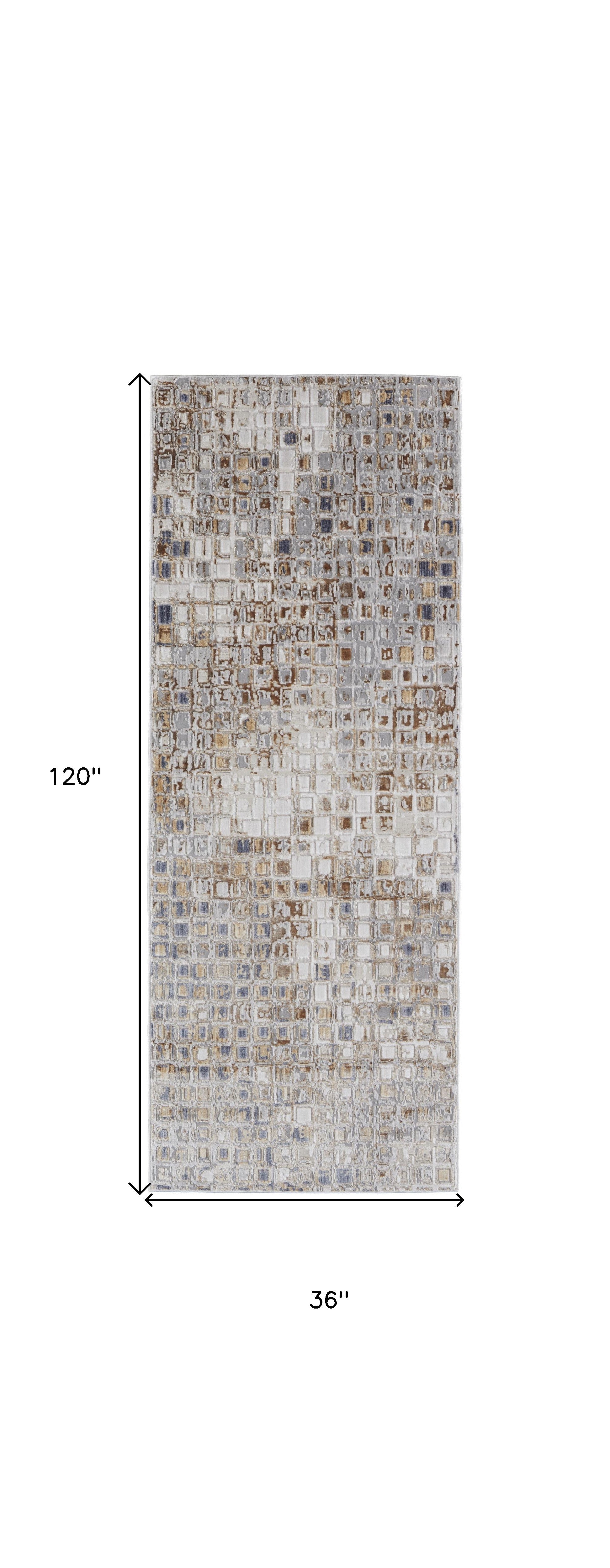 10' Tan Ivory And Blue Geometric Power Loom Distressed Runner Rug