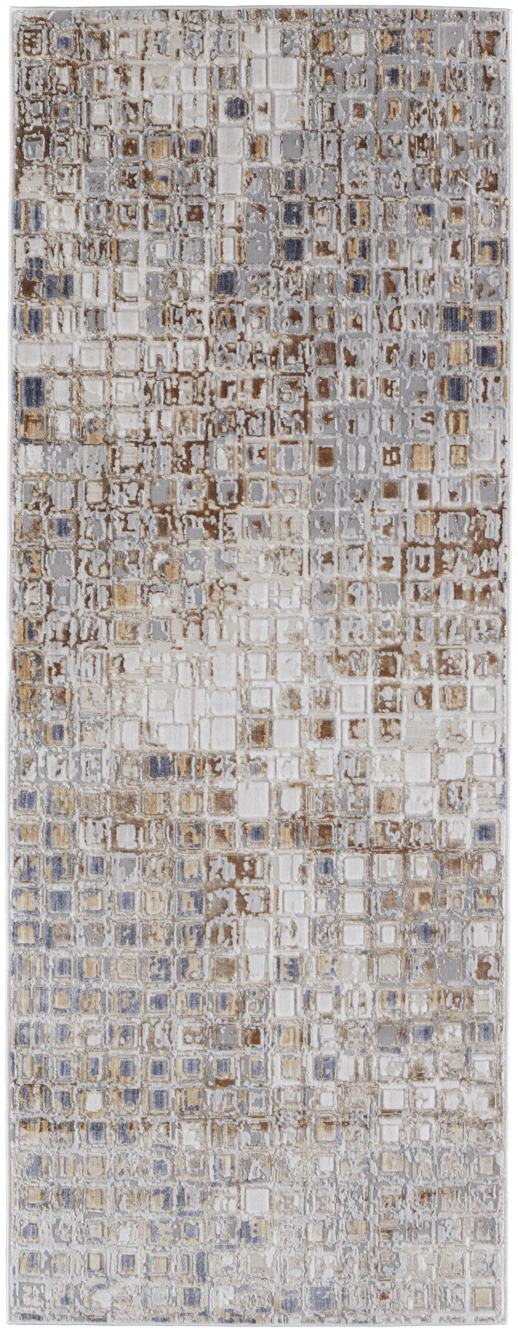 8' Tan Ivory And Blue Geometric Power Loom Distressed Runner Rug