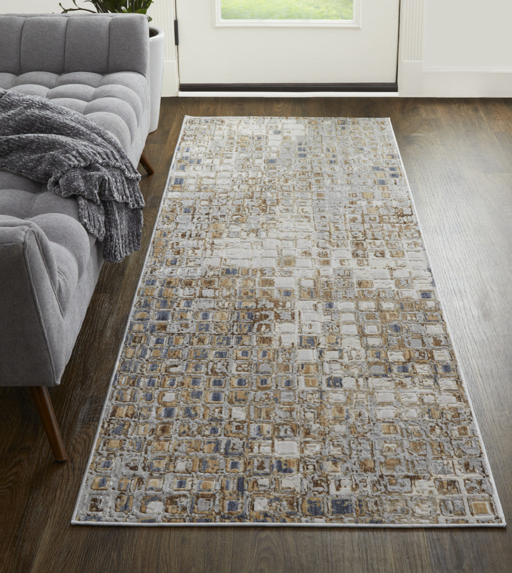 8' Tan Ivory And Blue Geometric Power Loom Distressed Runner Rug