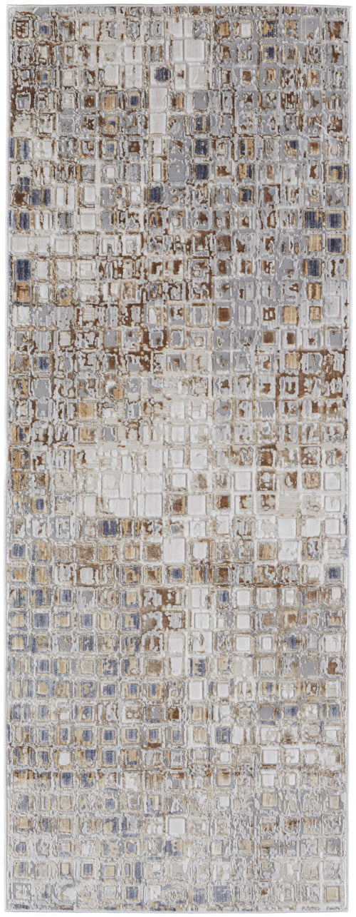 12' Tan Ivory And Blue Geometric Power Loom Distressed Runner Rug