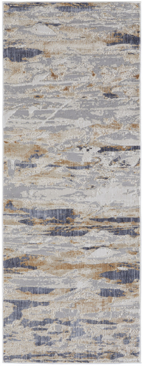 10' Tan Orange And Ivory Abstract Power Loom Distressed Runner Rug