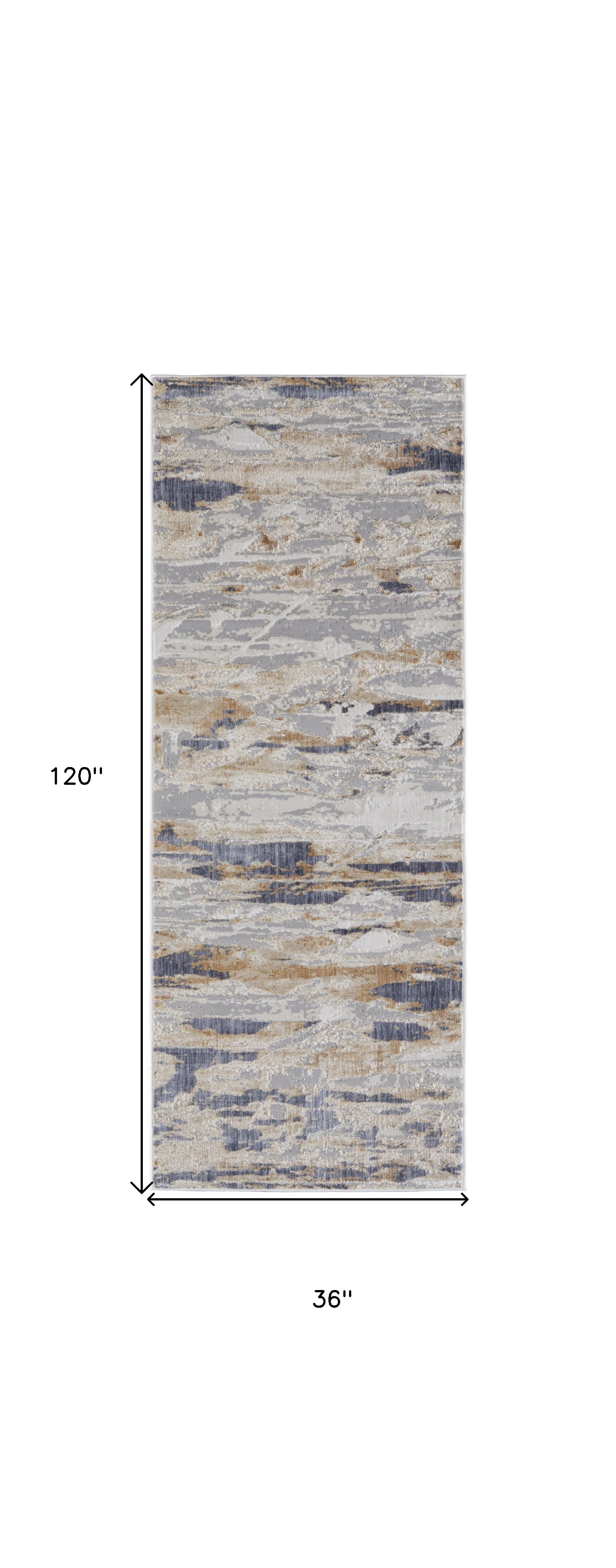 10' Tan Orange And Ivory Abstract Power Loom Distressed Runner Rug