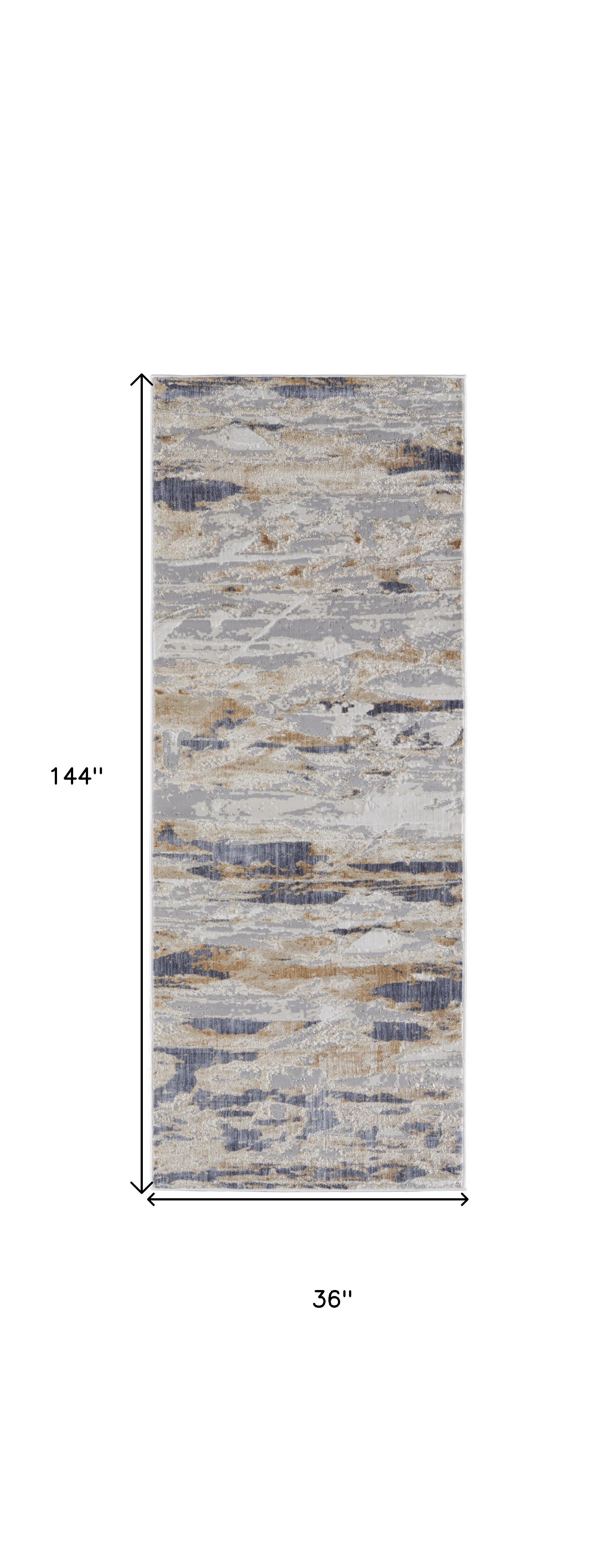 12' Tan Orange And Ivory Abstract Power Loom Distressed Runner Rug