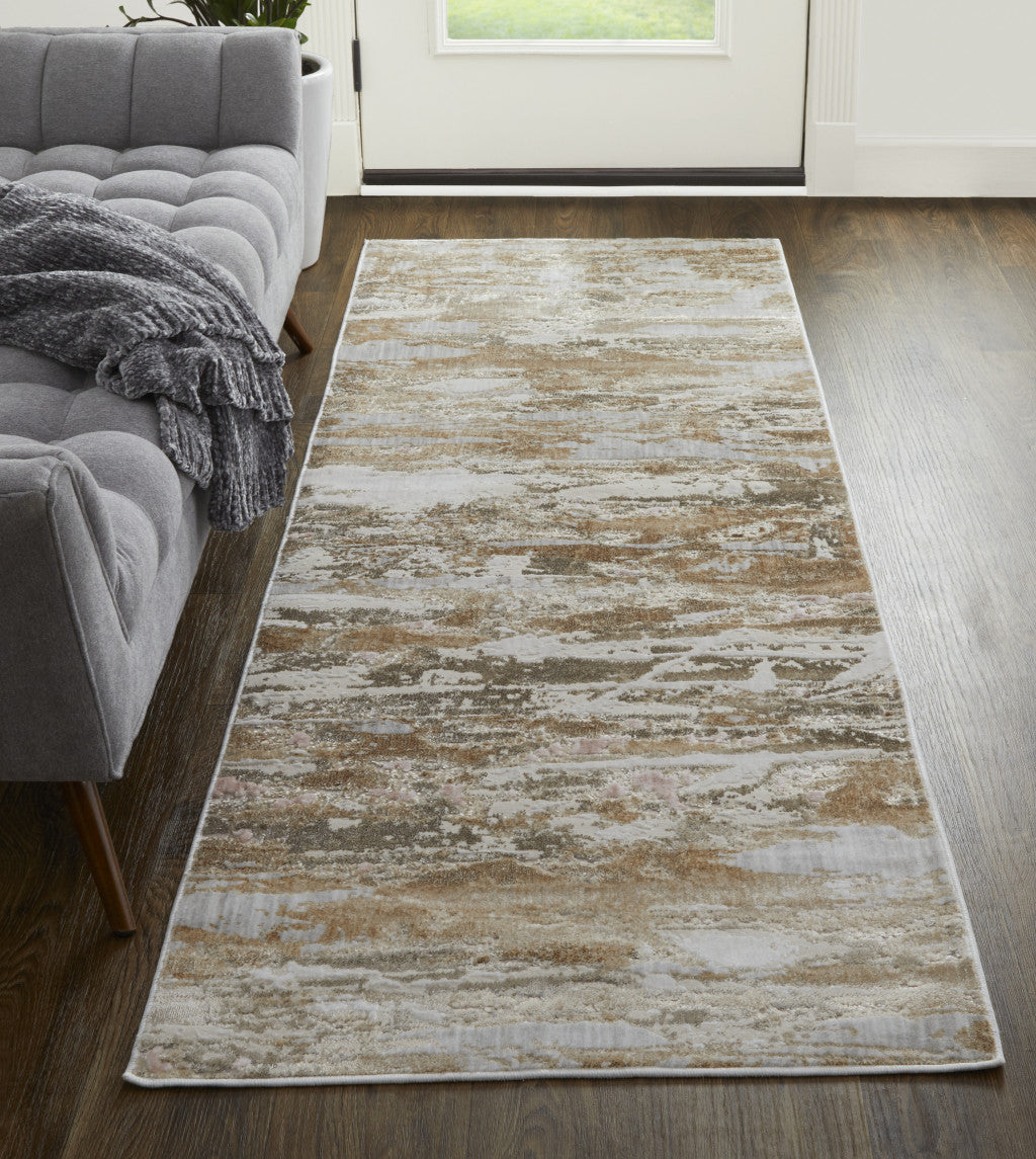 8' Tan And Ivory Abstract Power Loom Distressed Runner Rug