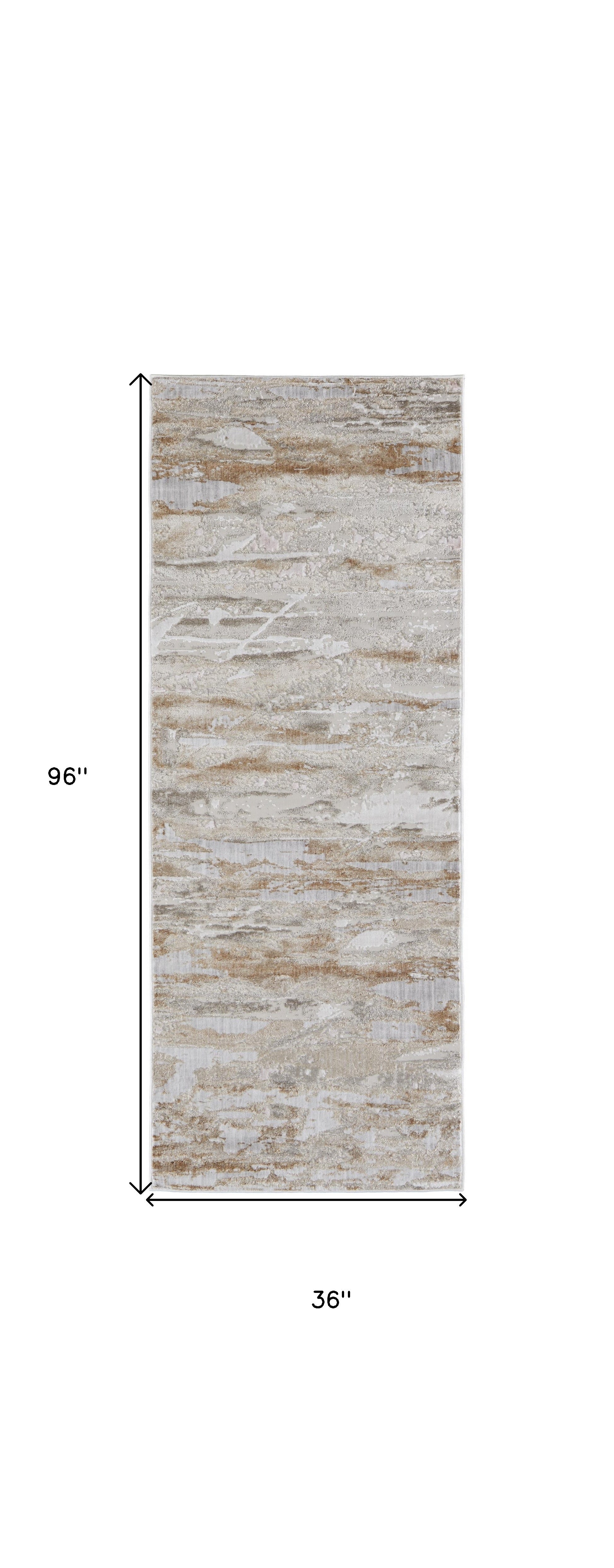 8' Tan And Ivory Abstract Power Loom Distressed Runner Rug