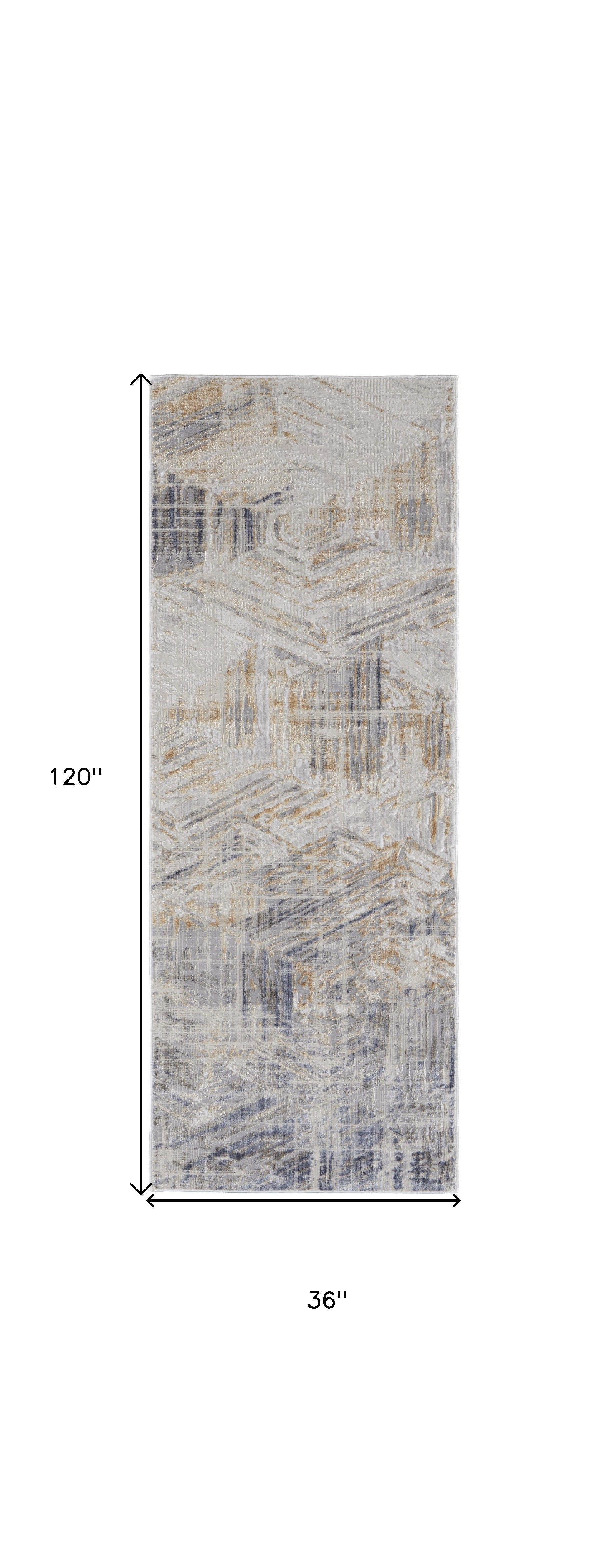 10' Tan Ivory And Gray Abstract Power Loom Distressed Runner Rug