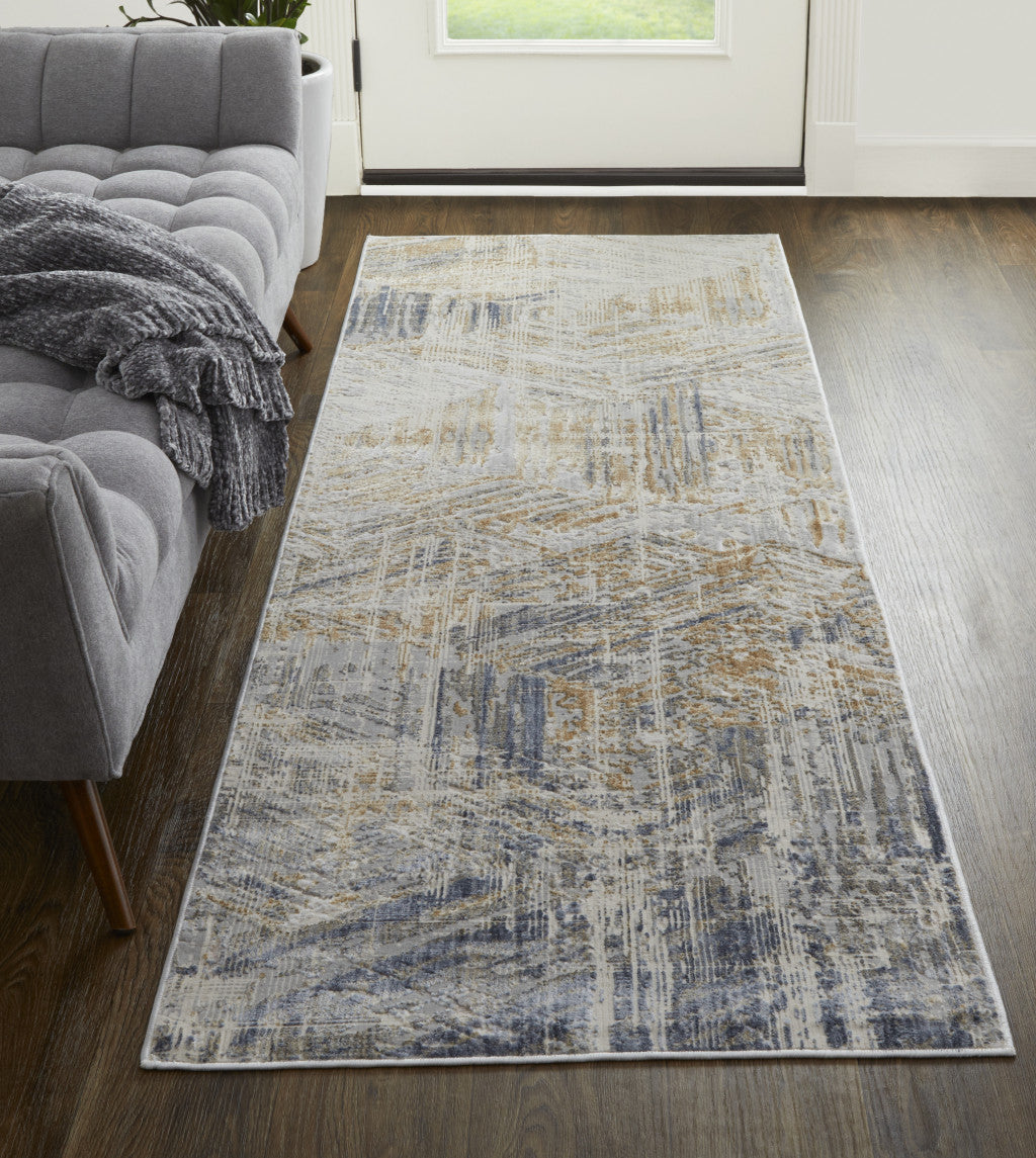 8' Tan Ivory And Gray Abstract Power Loom Distressed Runner Rug