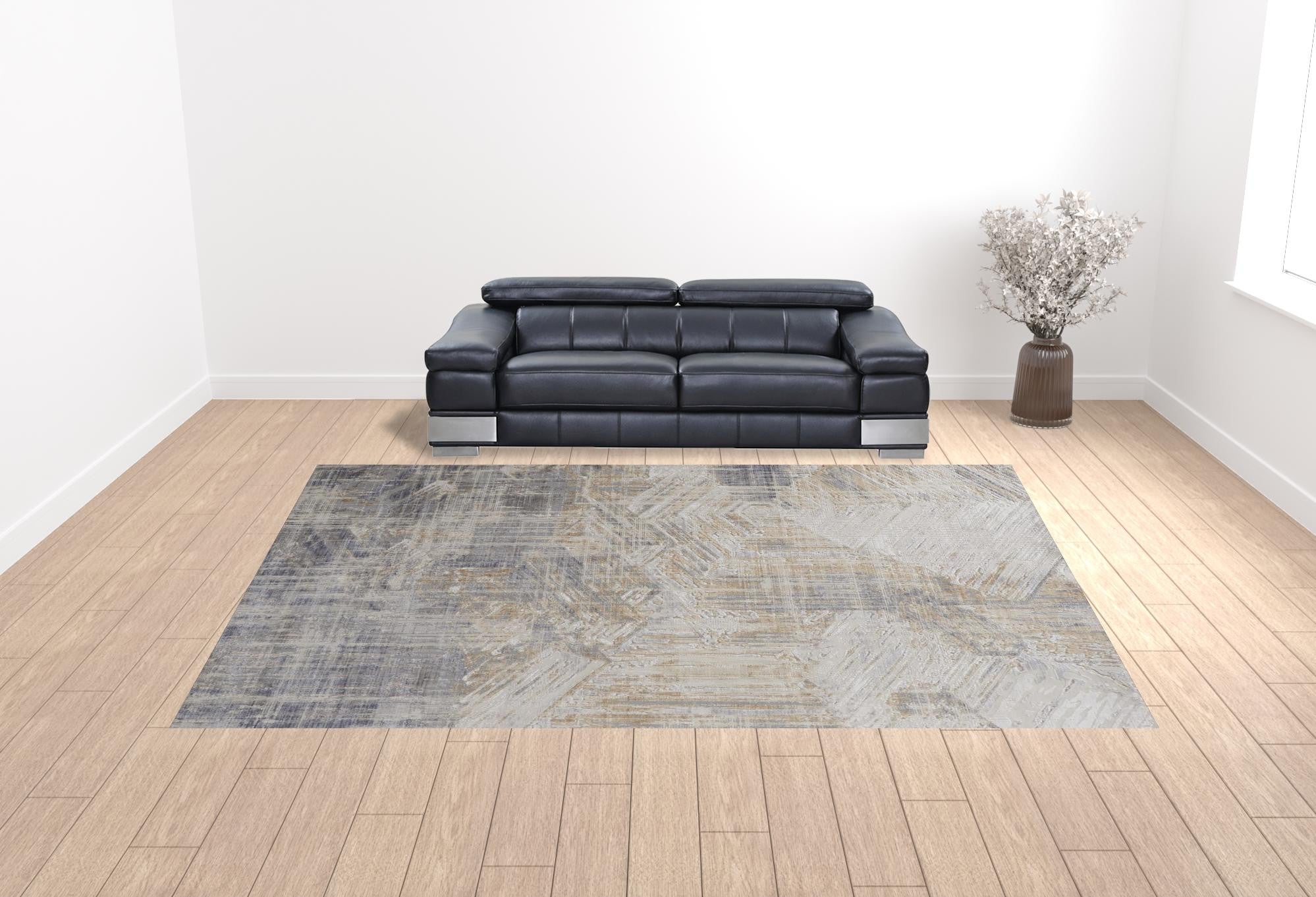 12' X 15' Tan Ivory And Gray Abstract Power Loom Distressed Area Rug