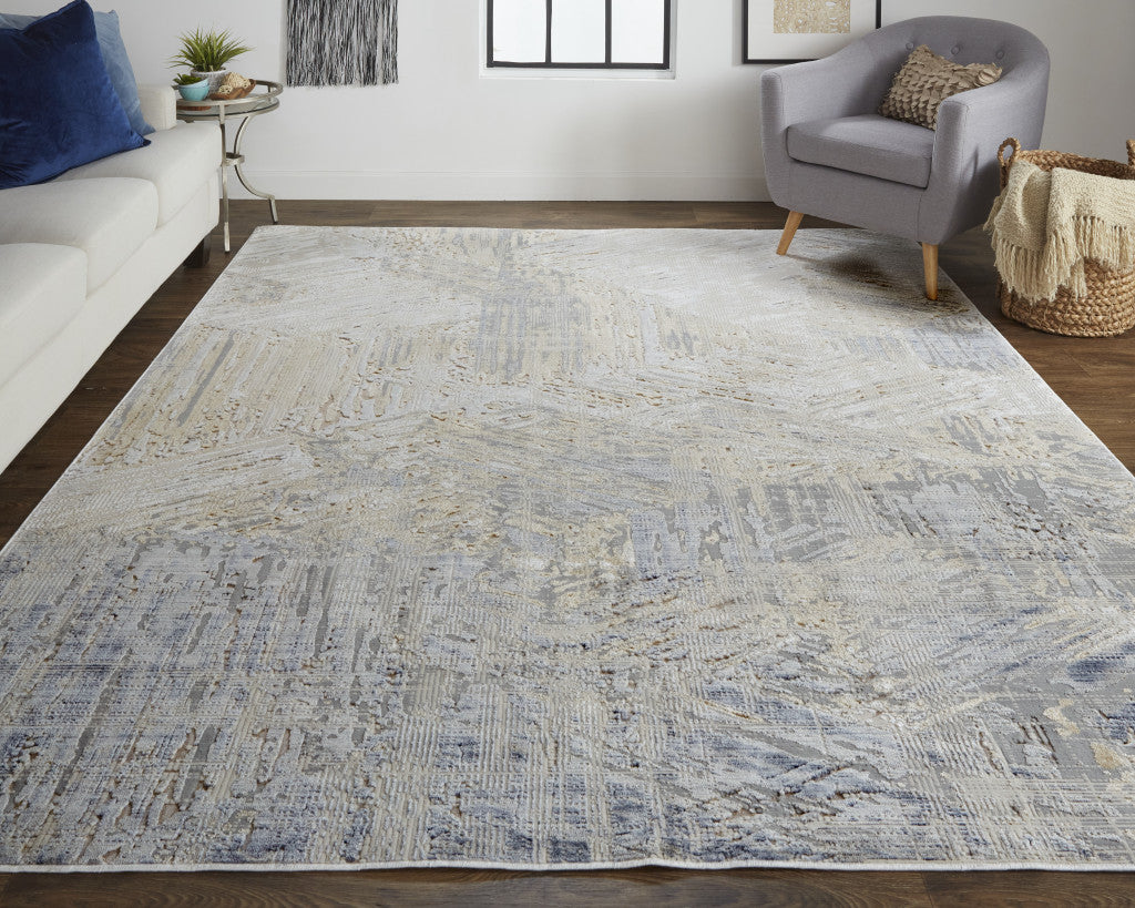 12' X 15' Tan Ivory And Gray Abstract Power Loom Distressed Area Rug