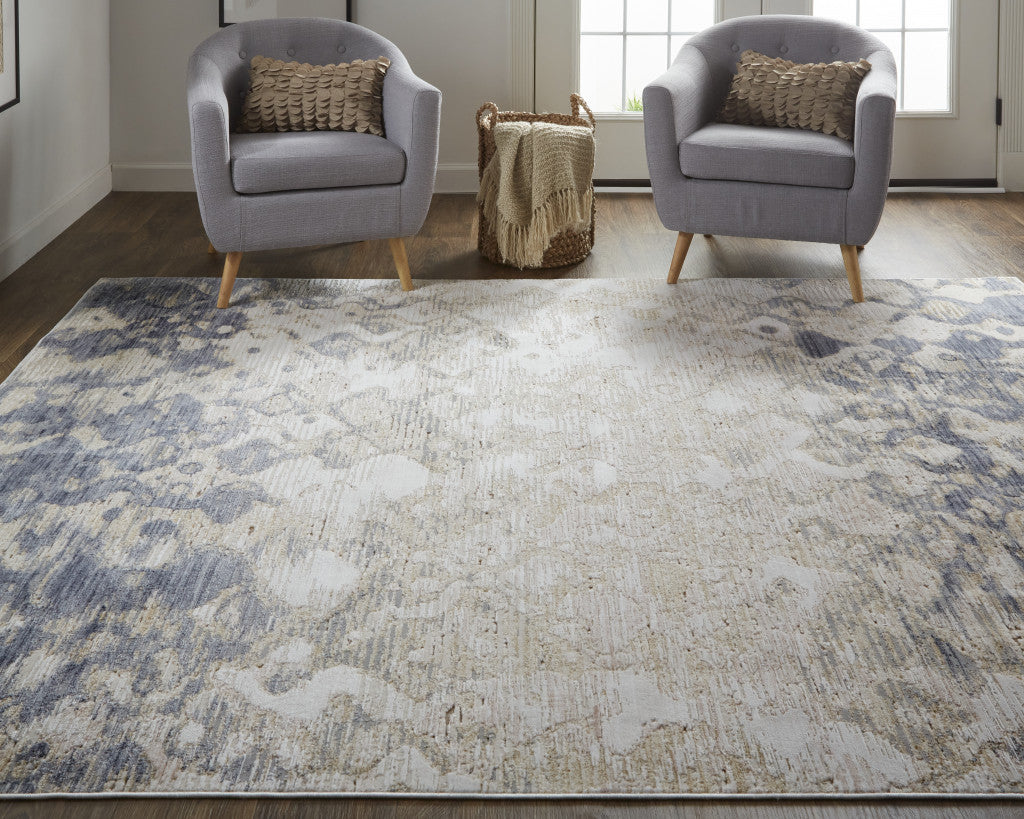 8' X 10' Tan Ivory And Blue Abstract Power Loom Distressed Area Rug