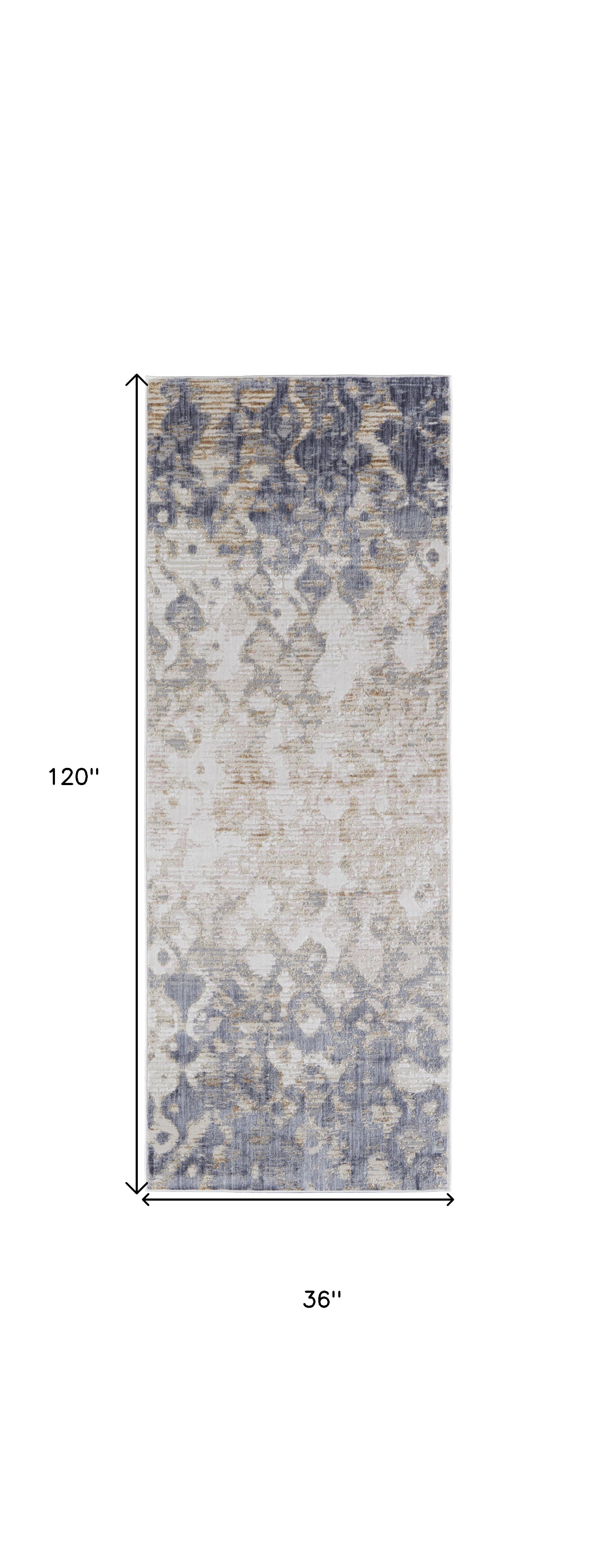 10' Tan Ivory And Blue Abstract Power Loom Distressed Runner Rug