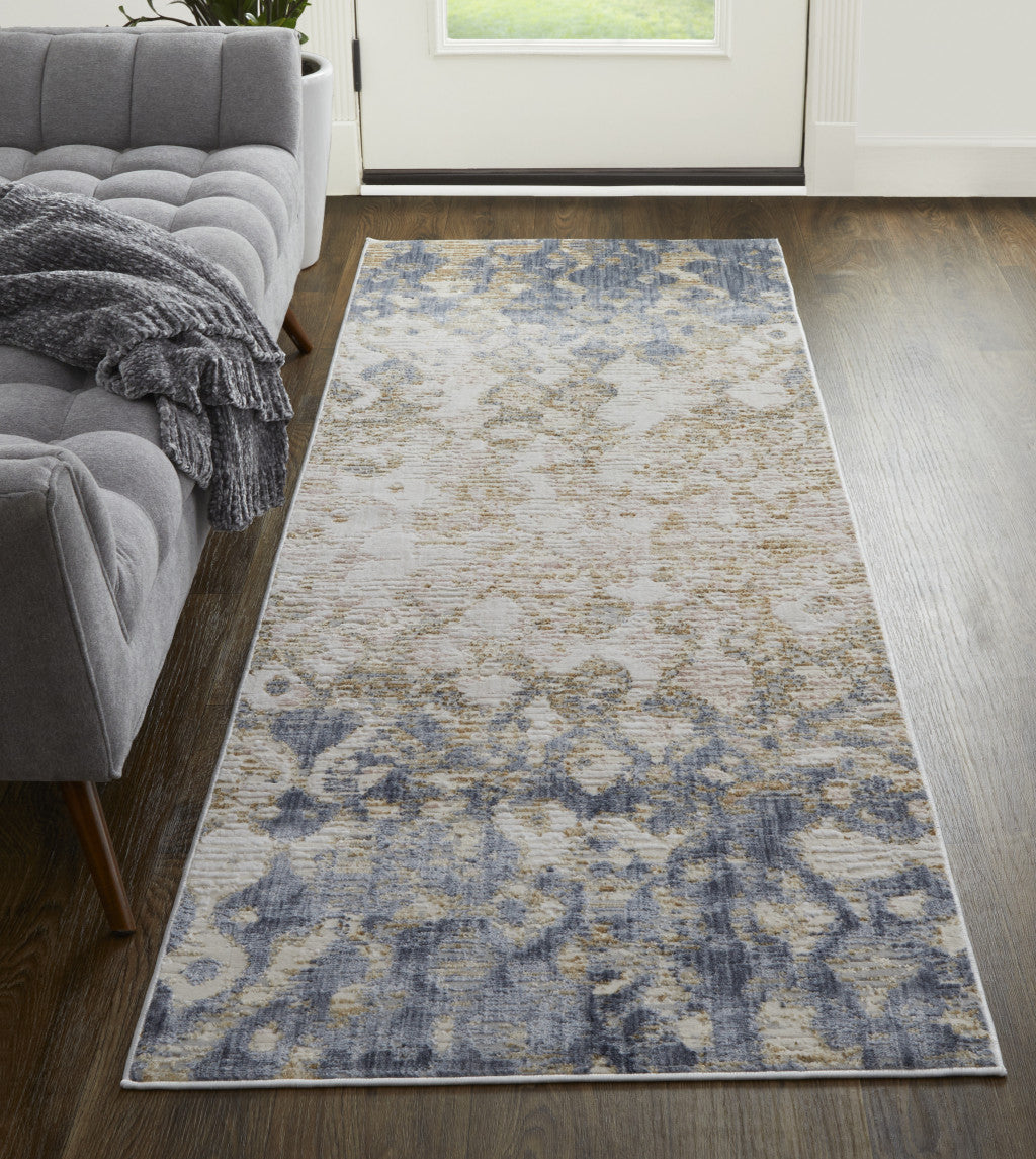 8' Tan Ivory And Blue Abstract Power Loom Distressed Runner Rug