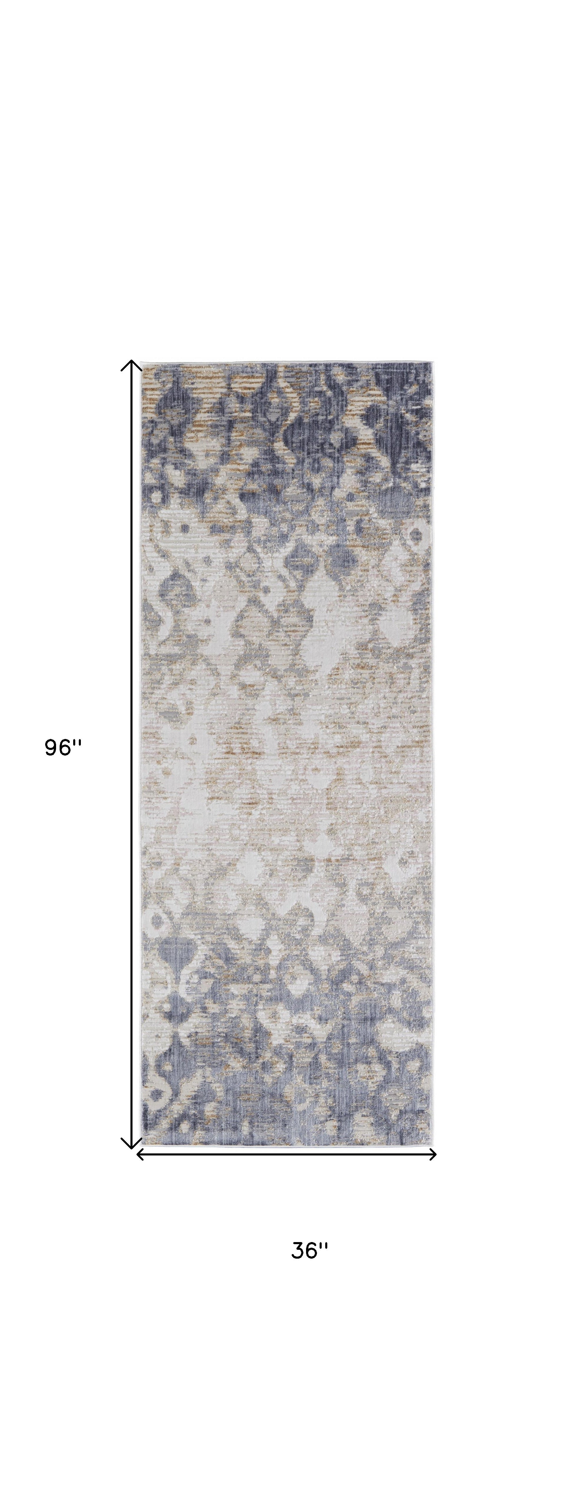 8' Tan Ivory And Blue Abstract Power Loom Distressed Runner Rug