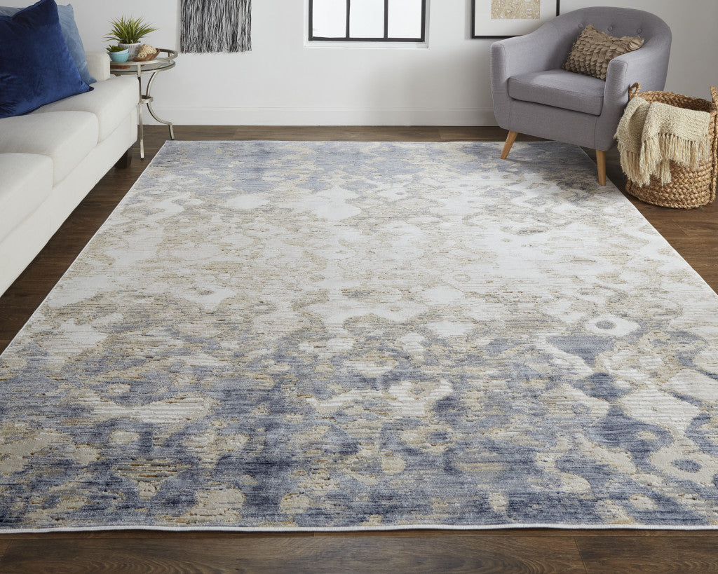 12' X 15' Tan Ivory And Blue Abstract Power Loom Distressed Area Rug