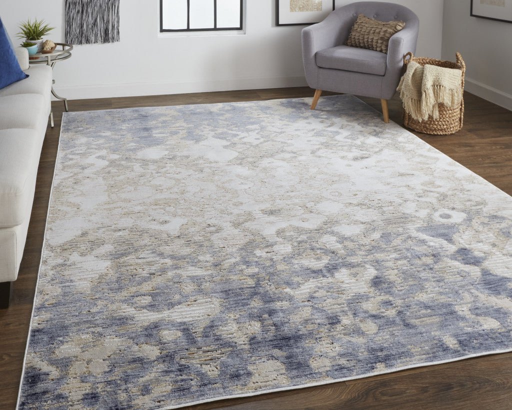 12' X 15' Tan Ivory And Blue Abstract Power Loom Distressed Area Rug