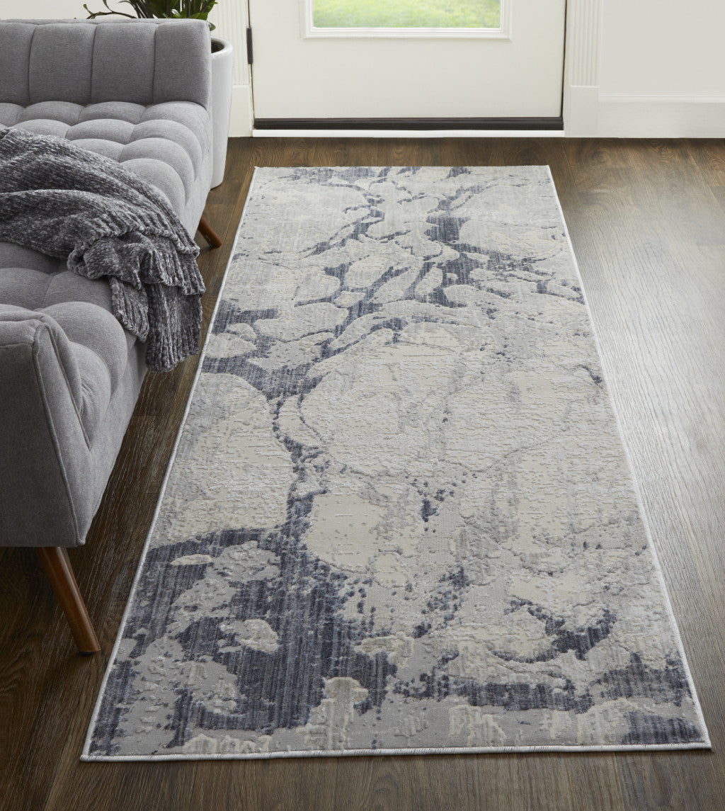 10' Ivory And Blue Abstract Power Loom Distressed Runner Rug