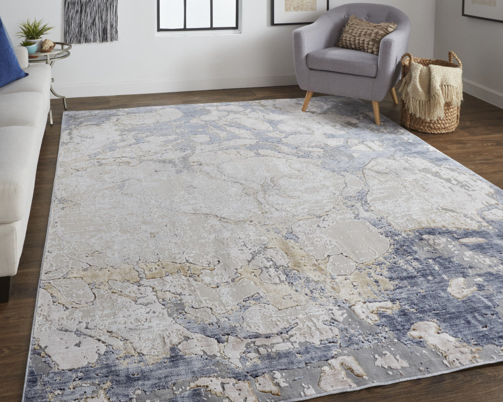 4' X 6' Tan And Blue Abstract Power Loom Distressed Area Rug