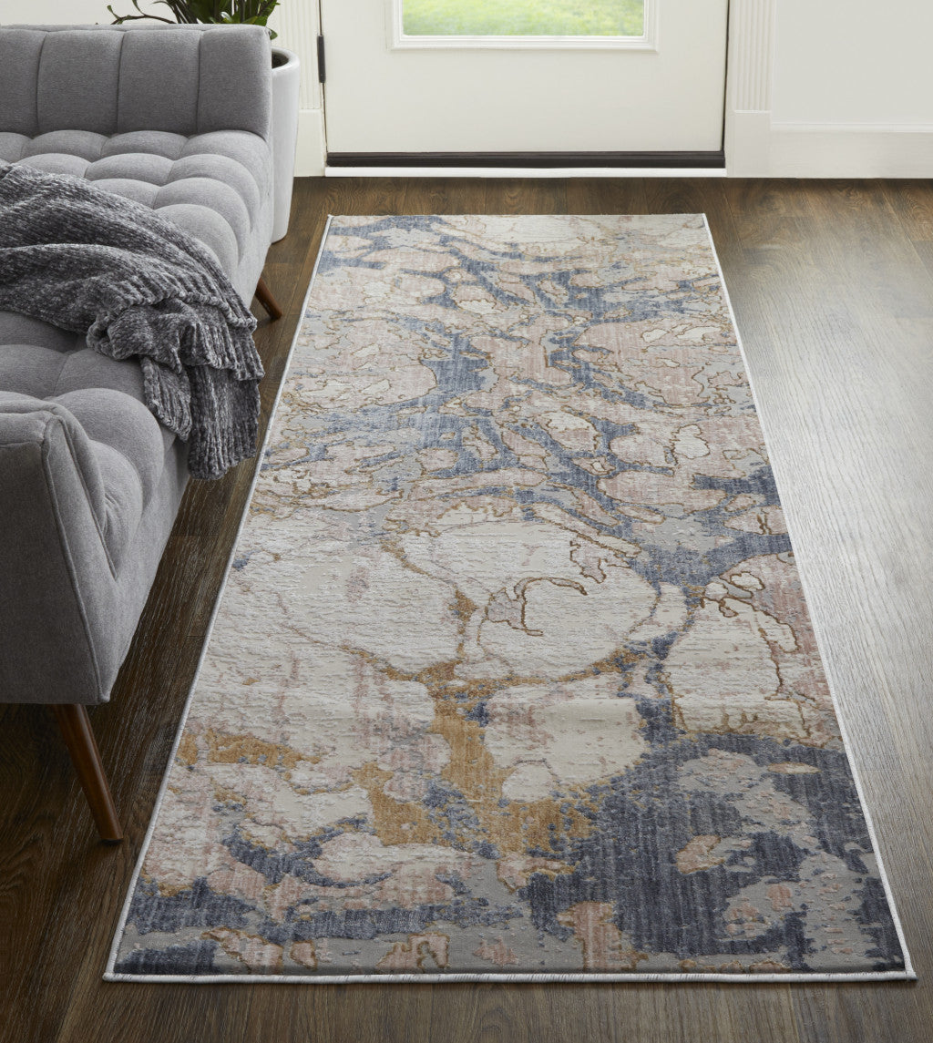 10' Tan And Blue Abstract Power Loom Distressed Runner Rug