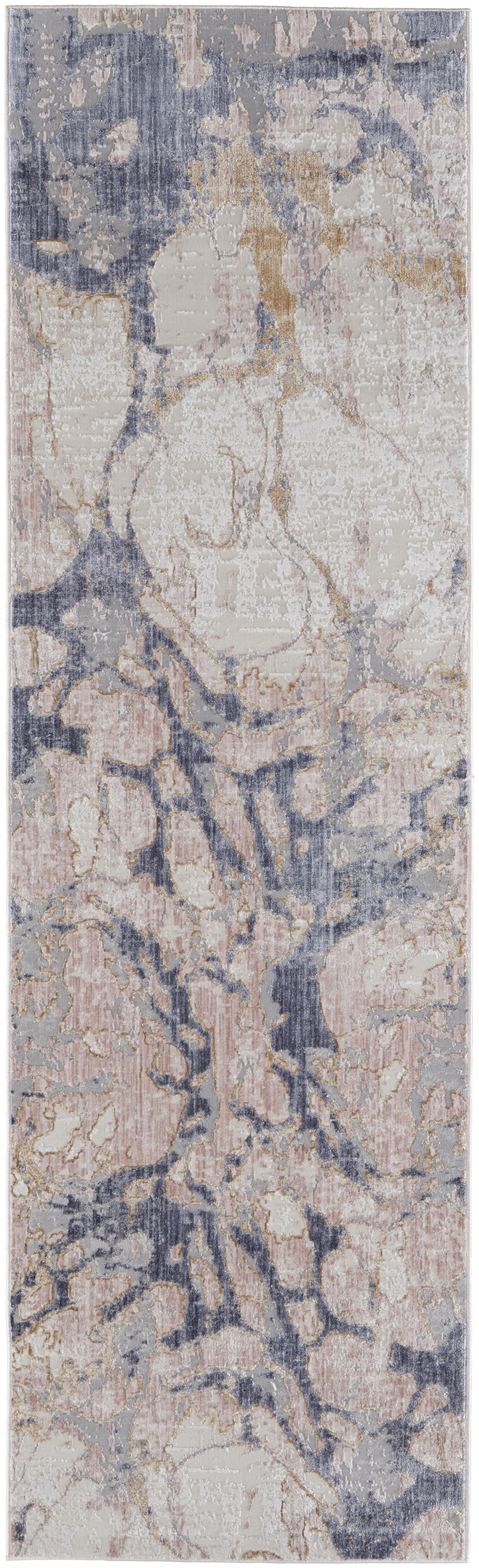 8' Tan And Blue Abstract Power Loom Distressed Runner Rug