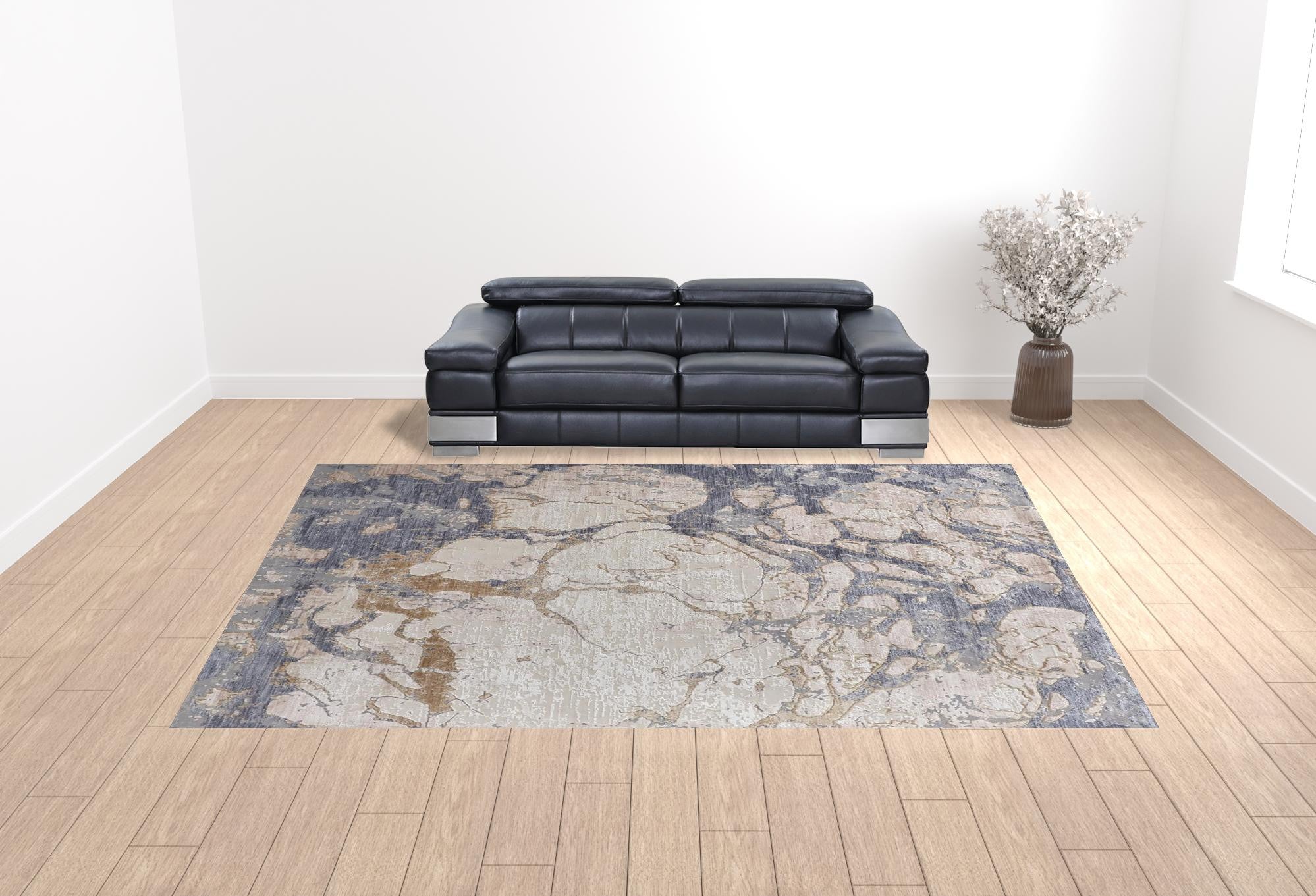 12' X 15' Tan And Blue Abstract Power Loom Distressed Area Rug