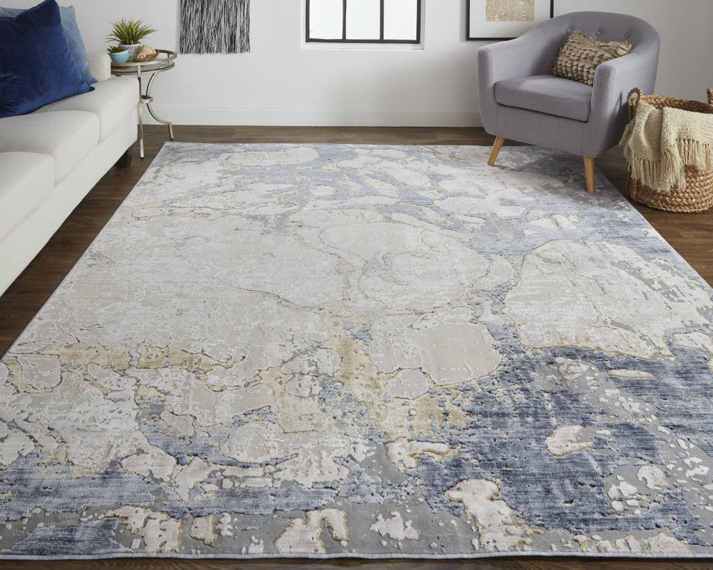 12' X 15' Tan And Blue Abstract Power Loom Distressed Area Rug