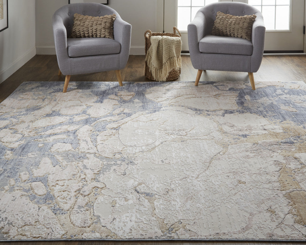 12' X 15' Tan And Blue Abstract Power Loom Distressed Area Rug