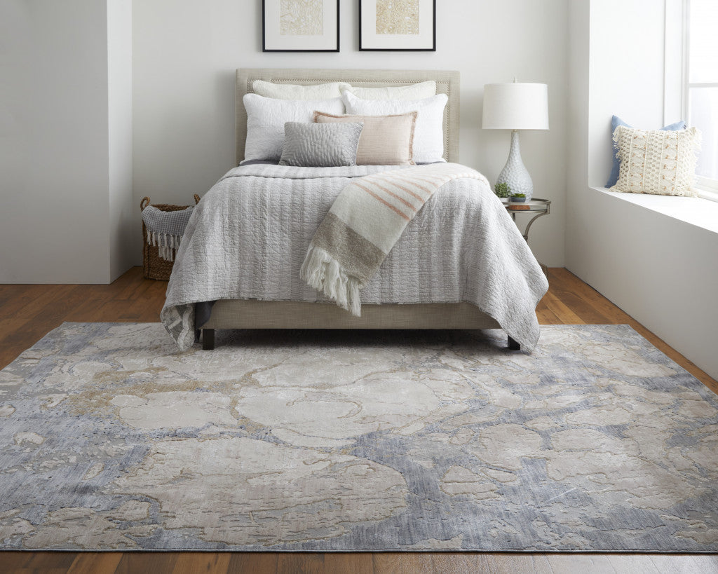 12' X 15' Tan And Blue Abstract Power Loom Distressed Area Rug