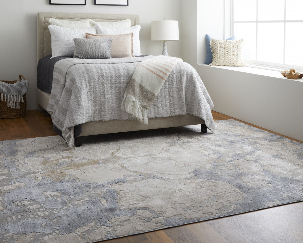 12' X 15' Tan And Blue Abstract Power Loom Distressed Area Rug