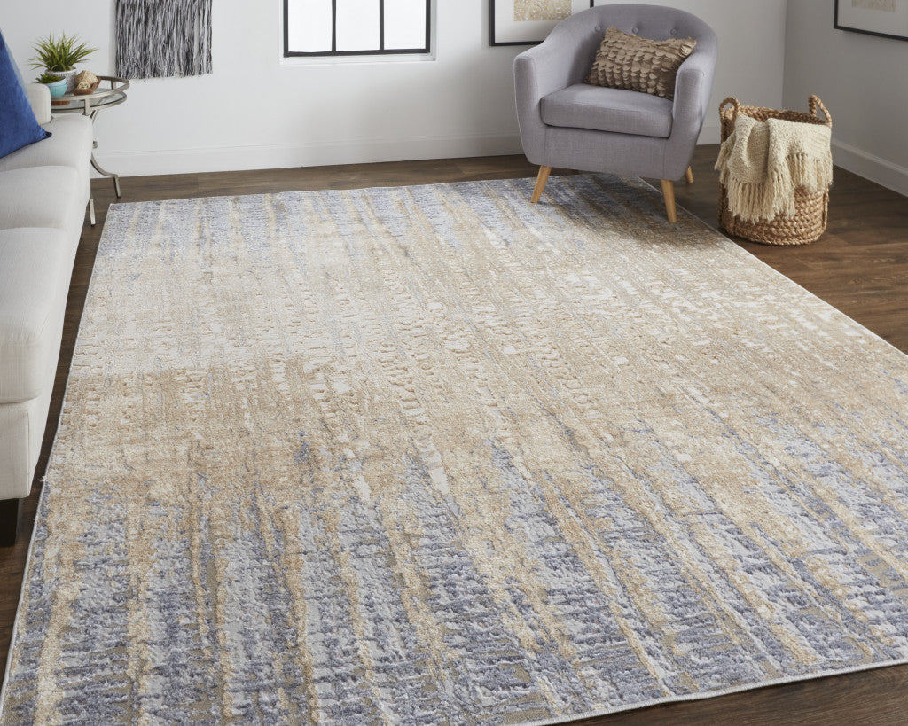 4' X 6' Tan Brown And Blue Abstract Power Loom Distressed Area Rug