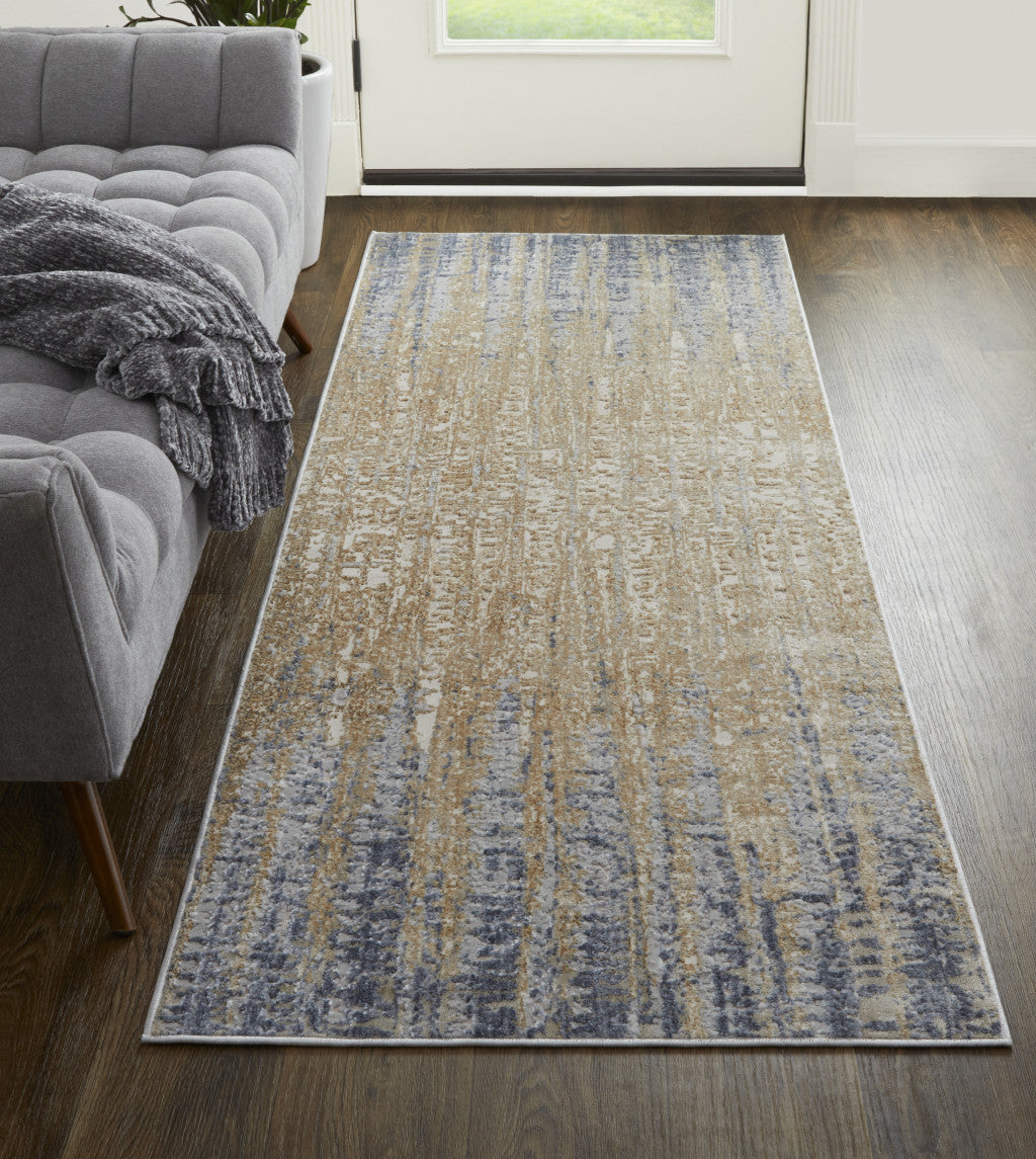 10' Tan Brown And Blue Abstract Power Loom Distressed Runner Rug