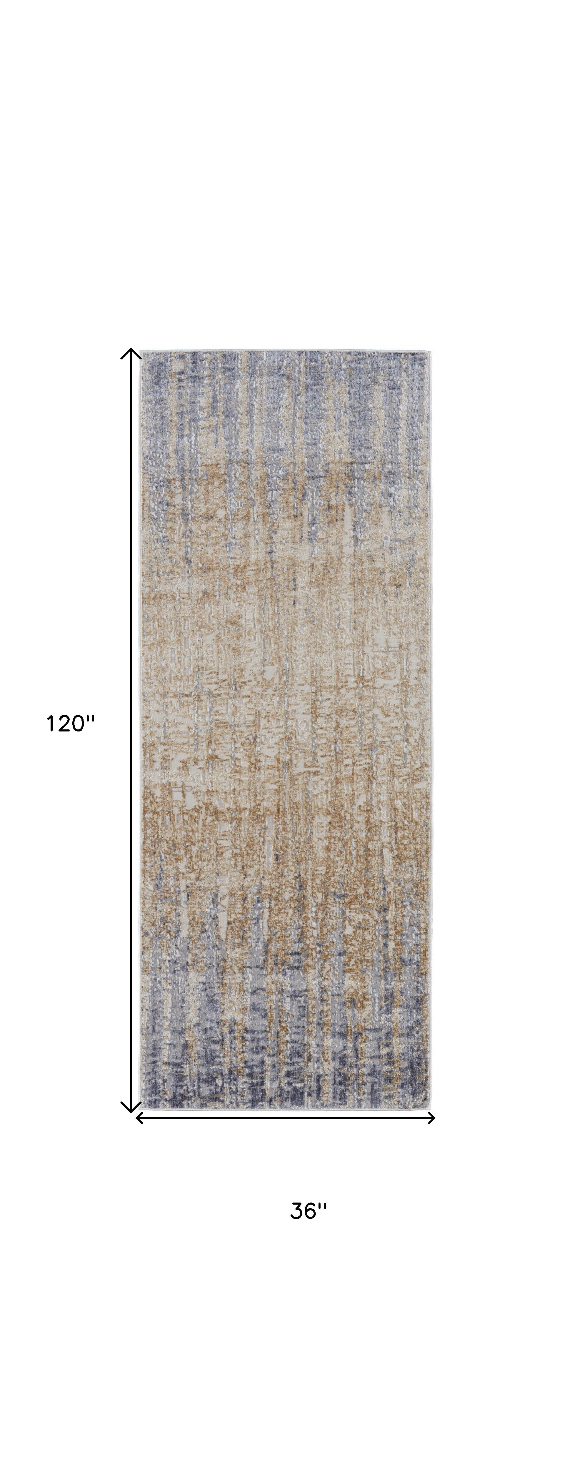 10' Tan Brown And Blue Abstract Power Loom Distressed Runner Rug