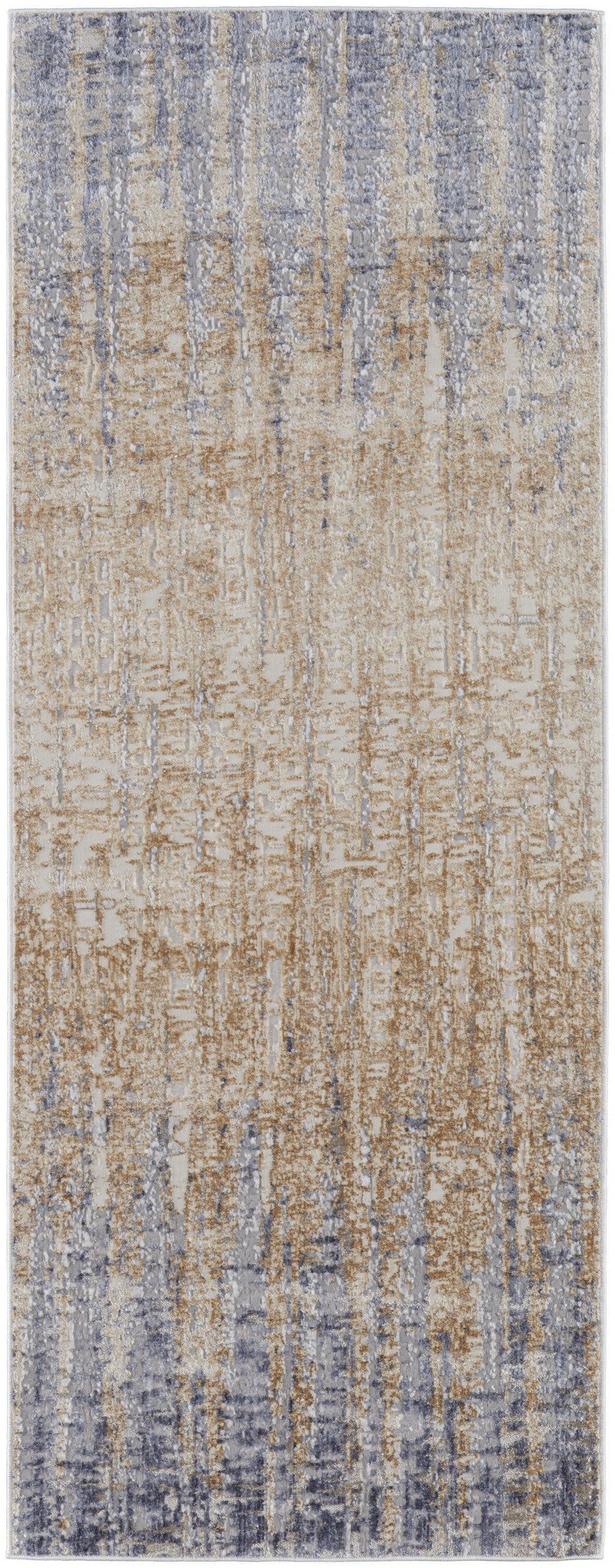 12' Tan Brown And Blue Abstract Power Loom Distressed Runner Rug