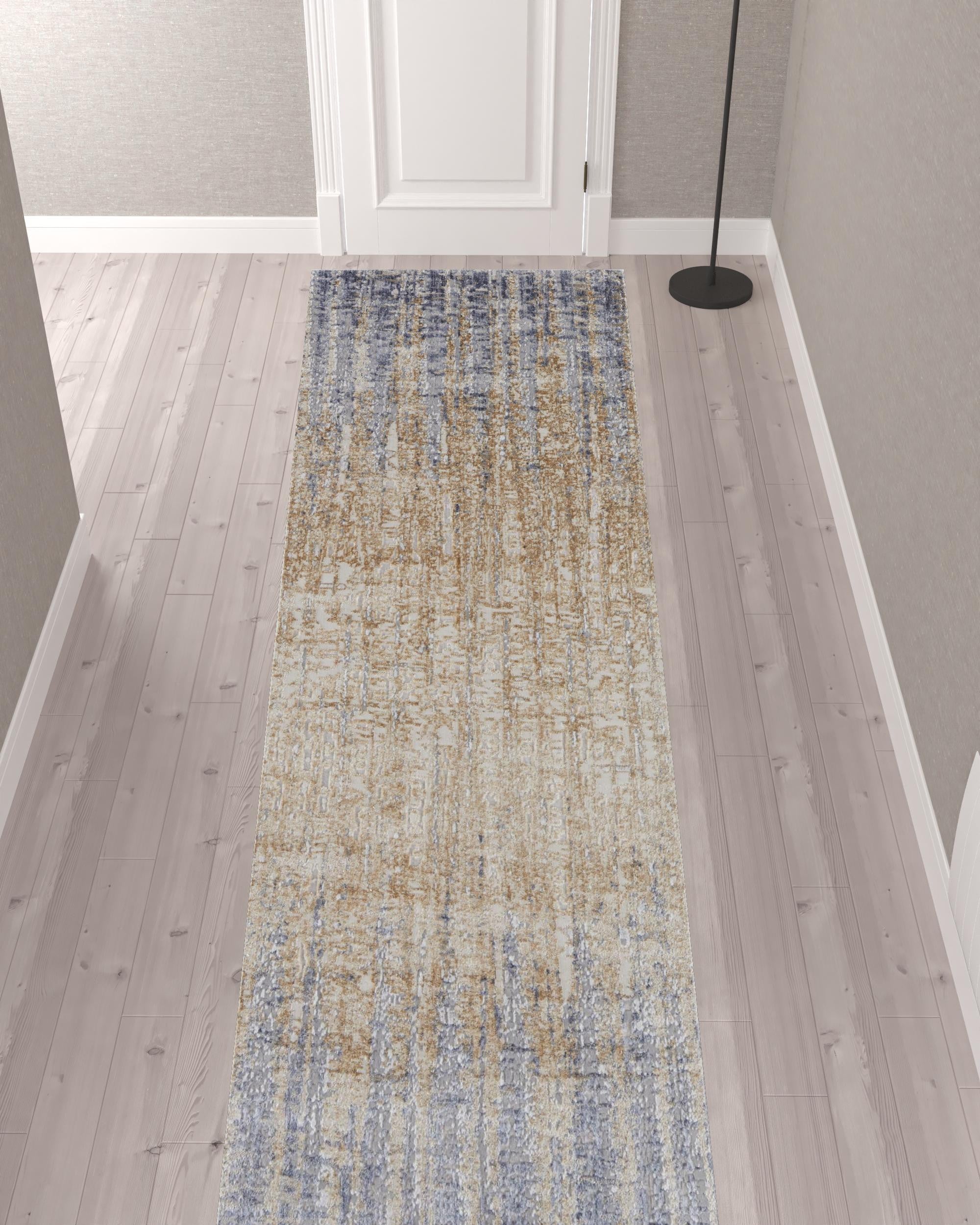 12' Tan Brown And Blue Abstract Power Loom Distressed Runner Rug