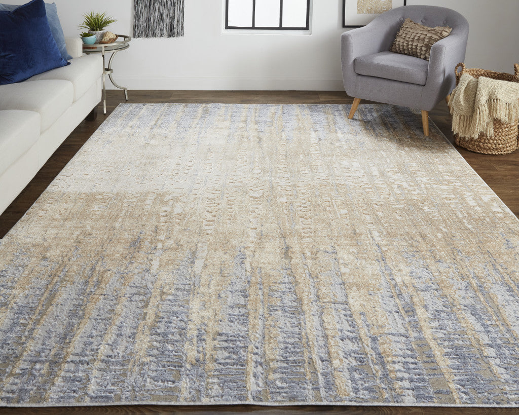 12' X 15' Tan Brown And Blue Abstract Power Loom Distressed Area Rug