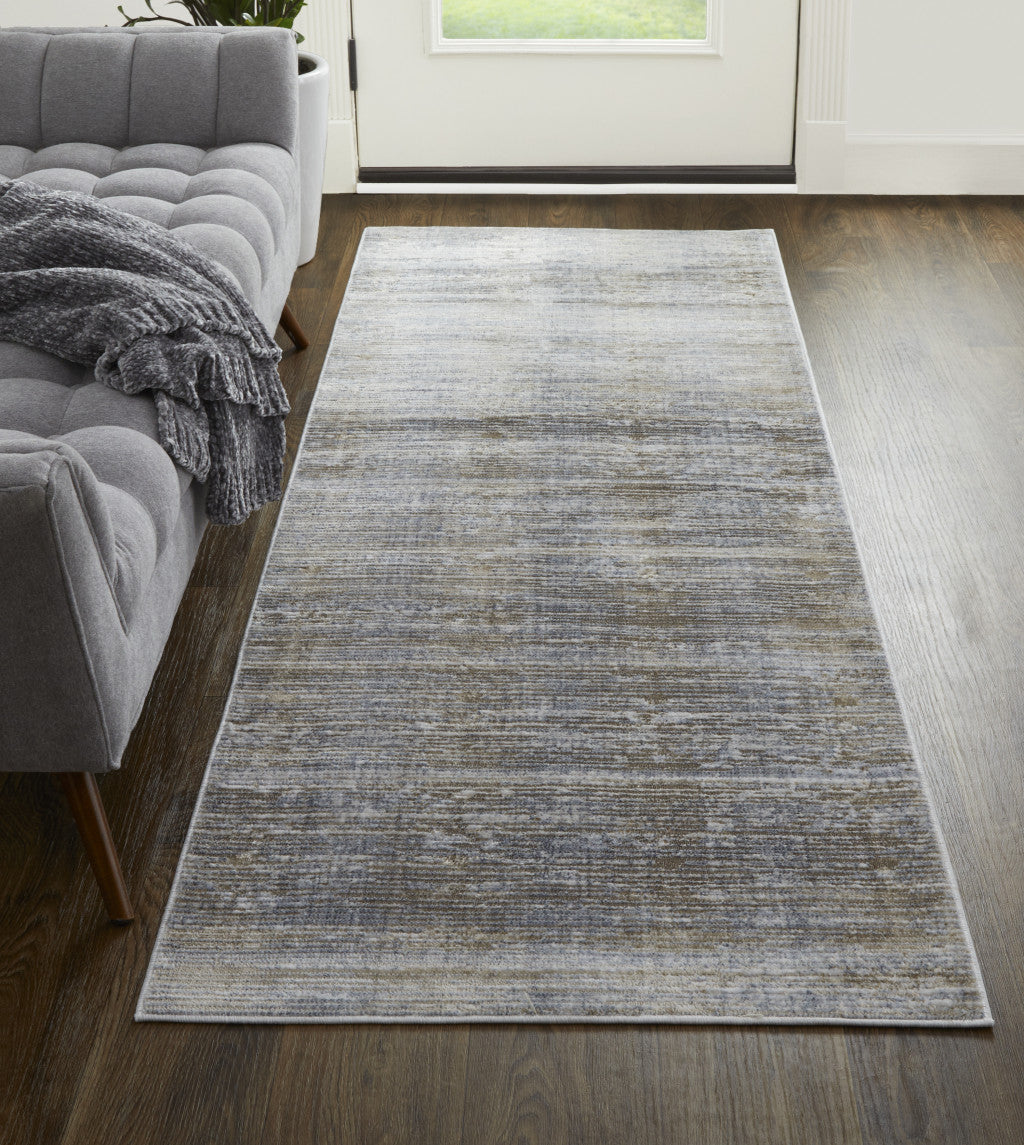 10' Taupe Silver And Tan Abstract Power Loom Runner Rug