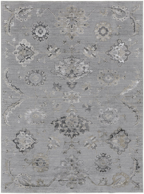 8' X 10' Silver And Black Floral Power Loom Distressed Area Rug